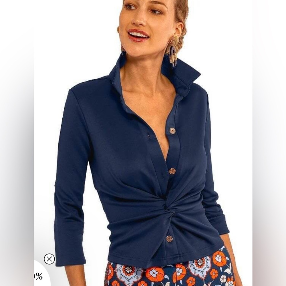 Women's Navy Twist-Front Button Top